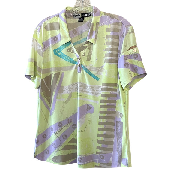 JAMIE SADOCK Size Medium Lime Lavender Short Sleeve Activewear Pullover Top Logo - Picture 1 of 6